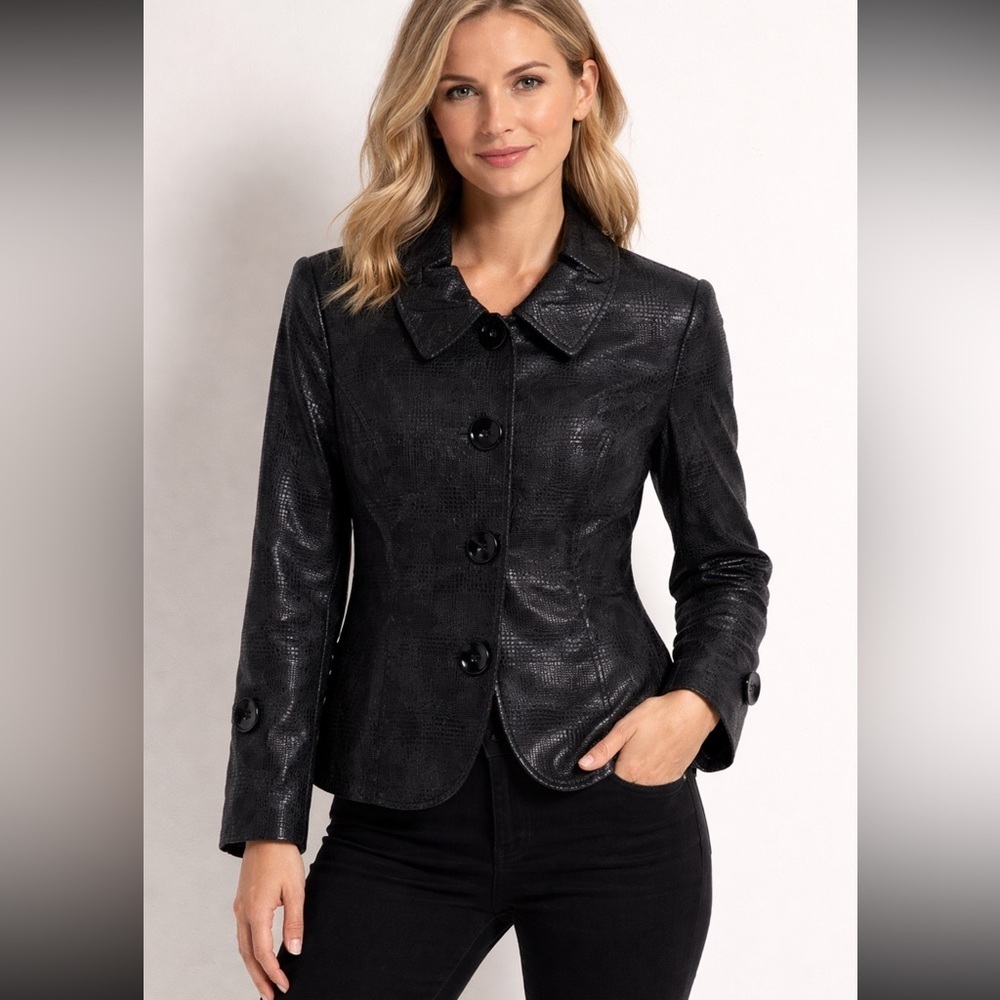 600 West Collection Jacket Black Metallic Glen Plaid Size 8